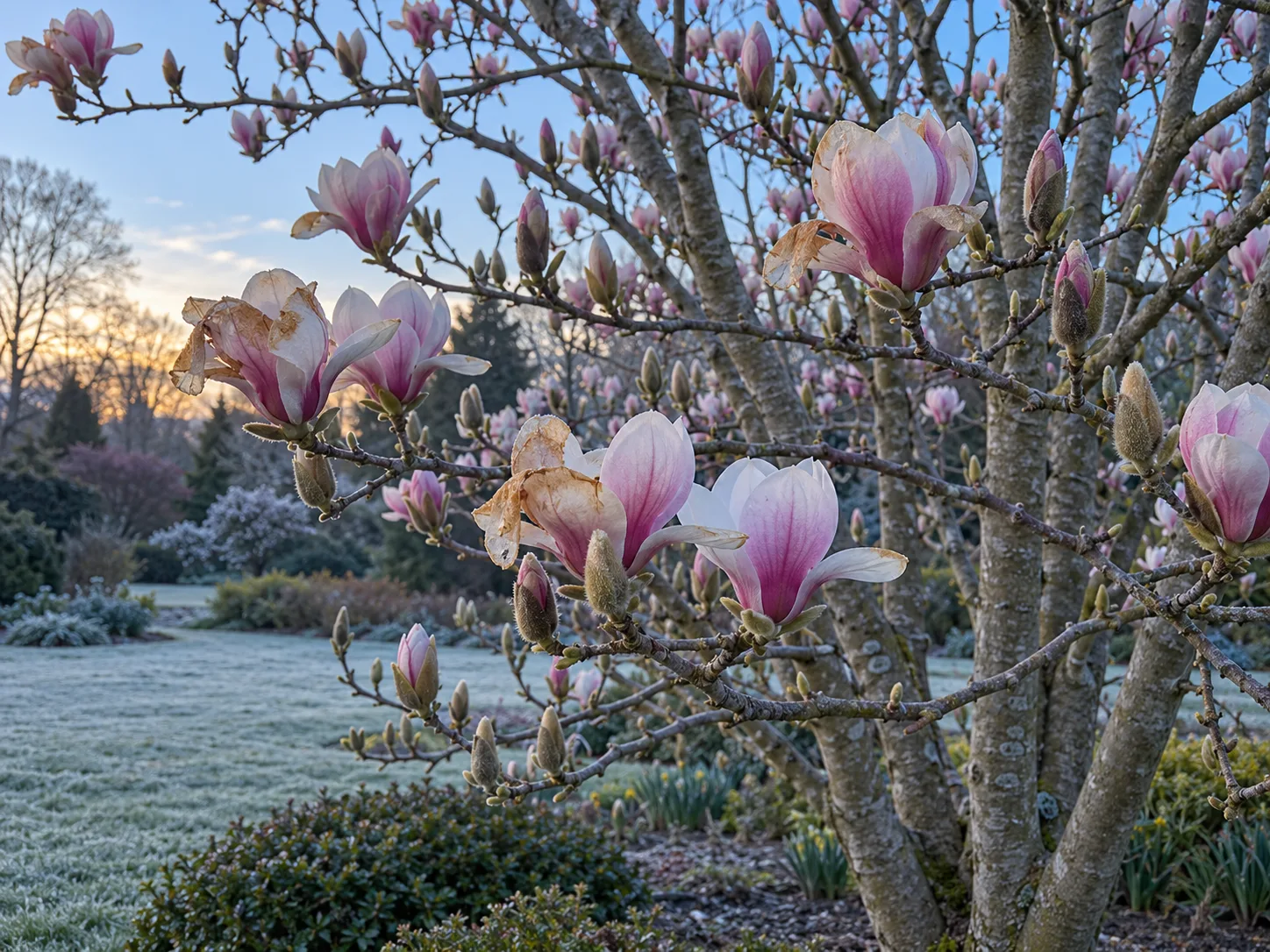Magnolia flowers browned after a late frost while the woody plant remains intact