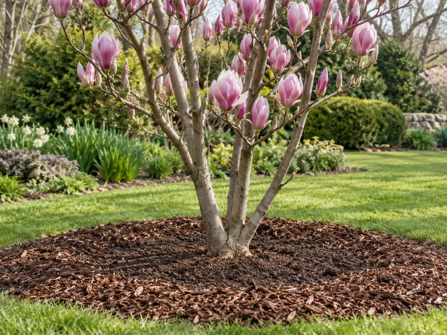 A young magnolia set in a broad planting hole with the root ball level with the surrounding soil