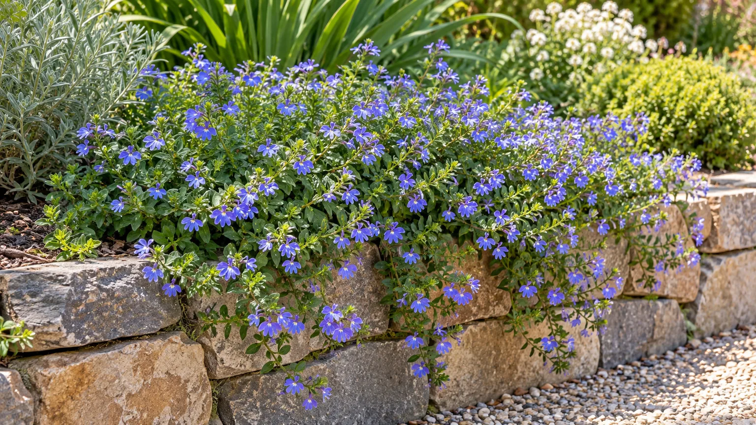 Scaevola spreading over the front edge of a sunny, well-drained garden bed