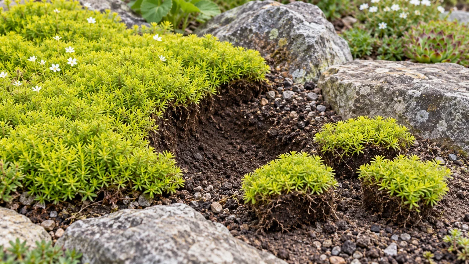 Rooted Scotch moss divisions beside a prepared planting pocket in a rock garden
