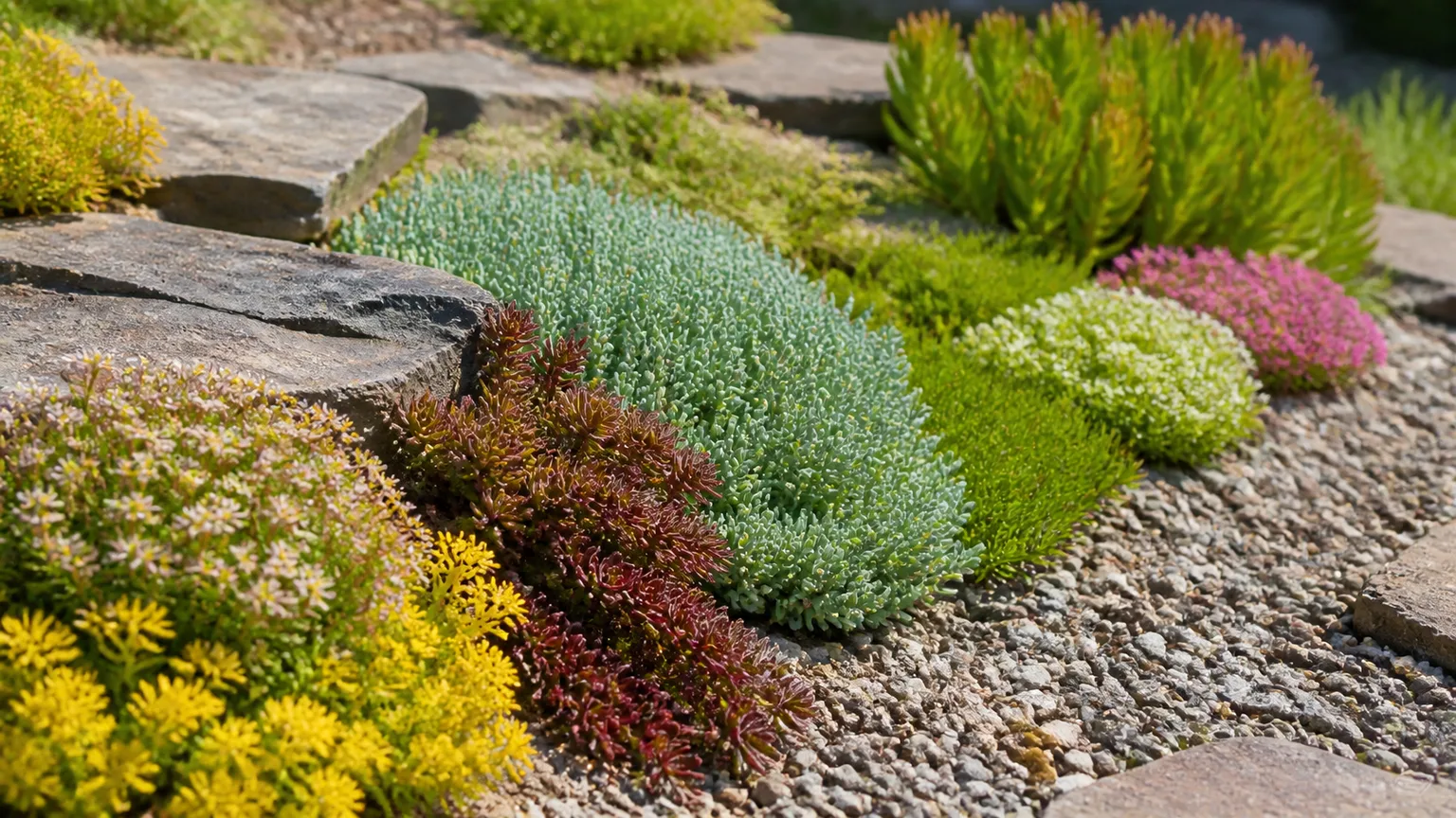 Low-growing sedum and other deer-resistant ground covers in a sunny gravel garden
