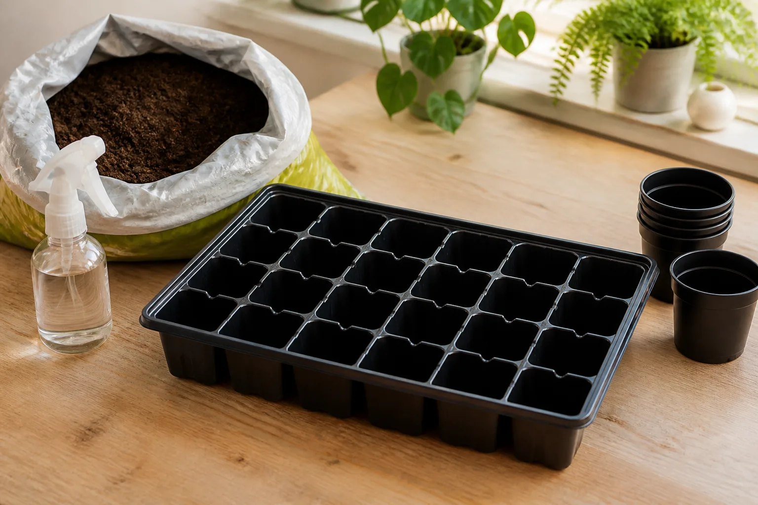 Young seedlings in a clean tray with a dry, airy seed-starting setup