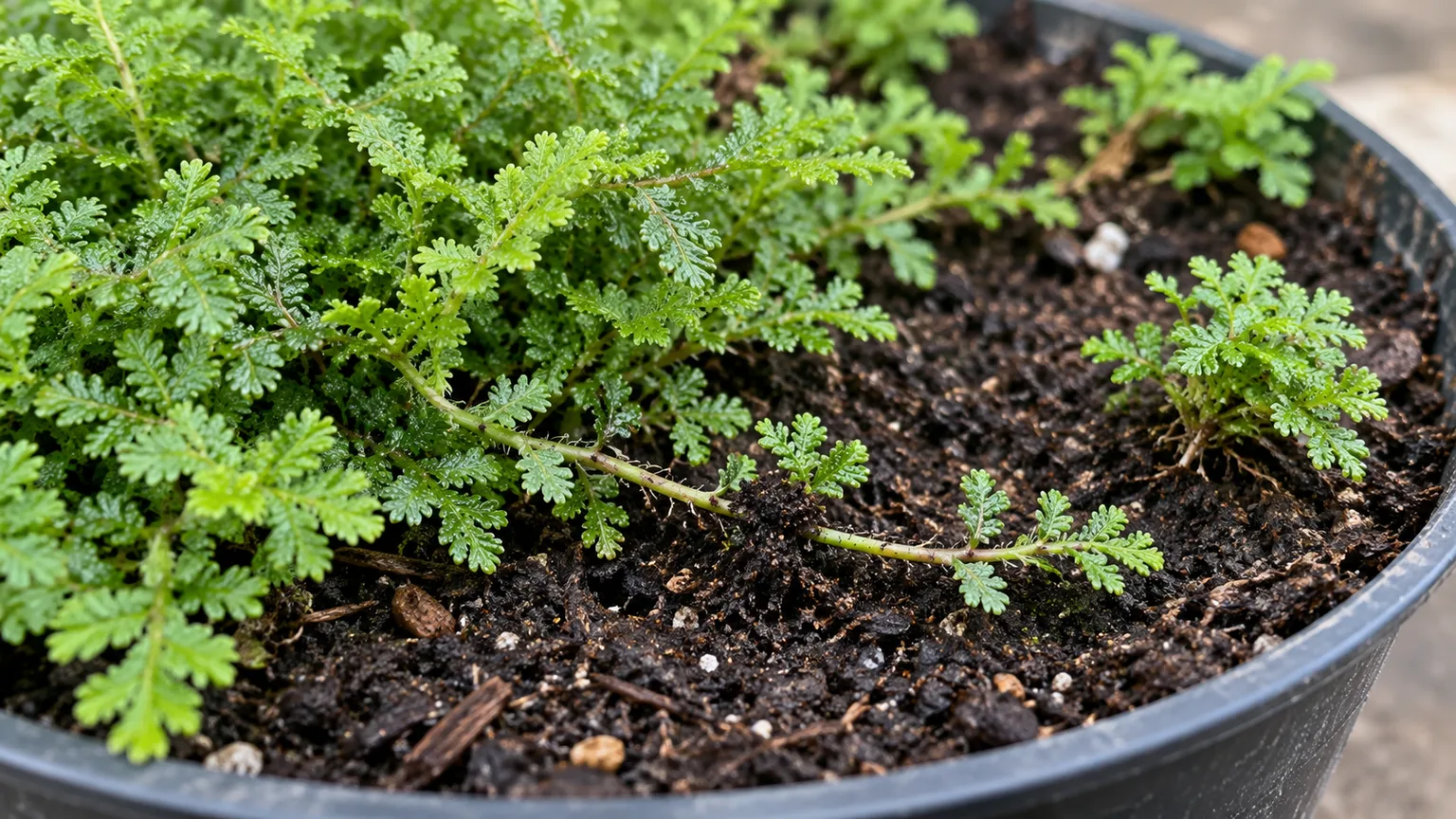 A Selaginella kraussiana stem laid across moist potting mix, with a rooted node connecting the creeping mat to the soil.