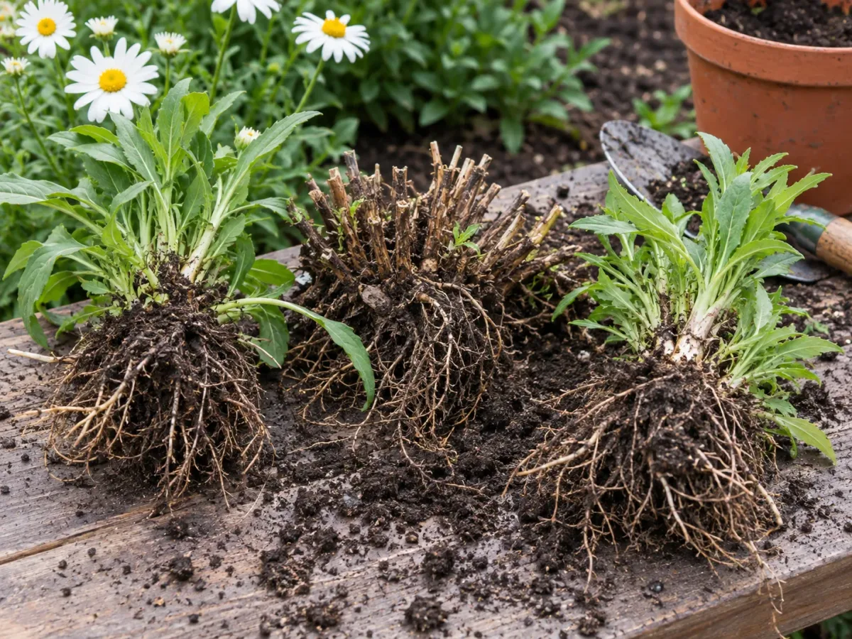 A Shasta daisy division with healthy roots and leafy growth ready for replanting