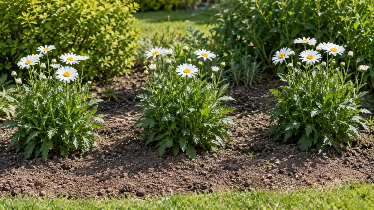 Shasta daisy clumps spaced across a mulched garden bed