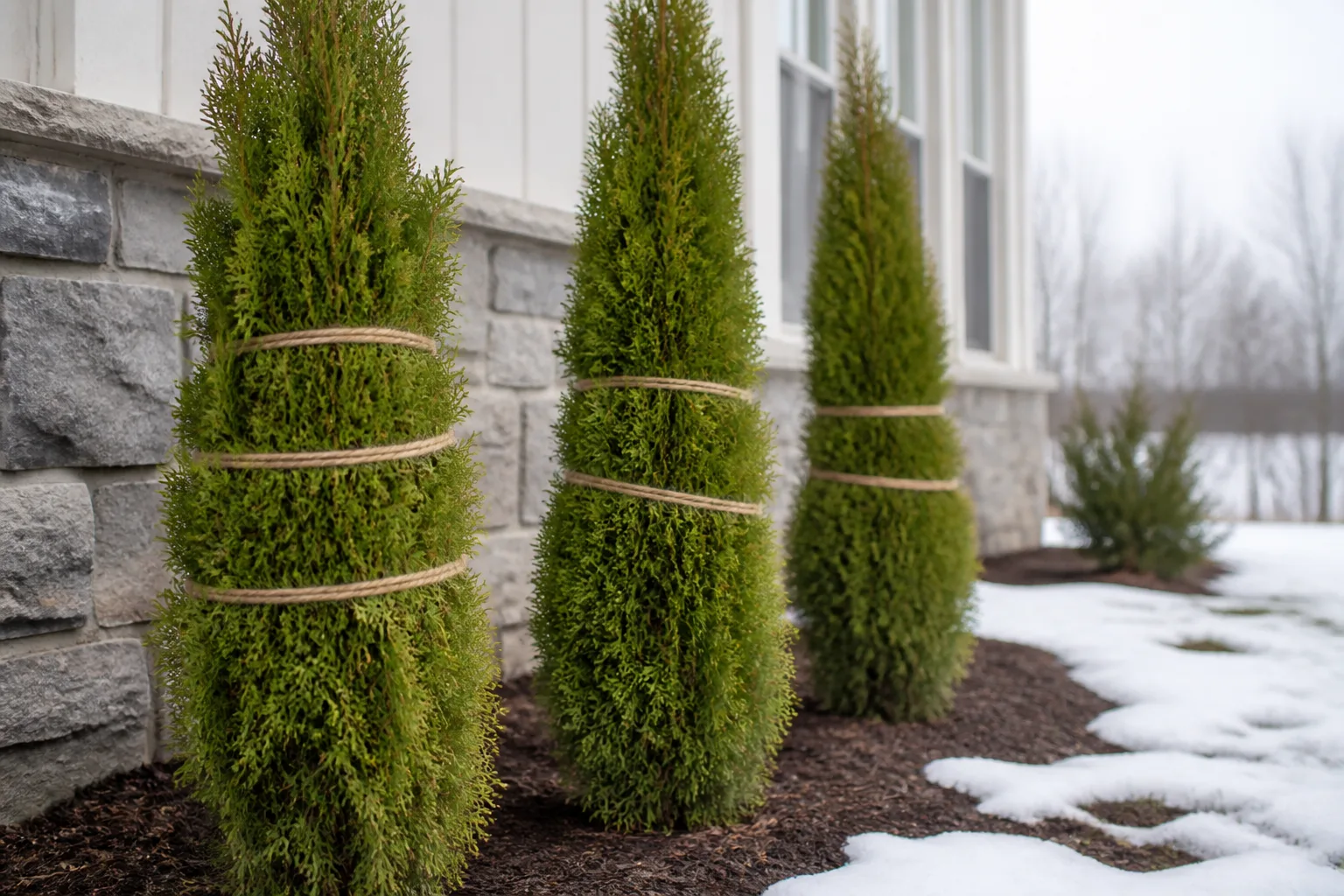Upright evergreen shrubs loosely tied to reduce snow load