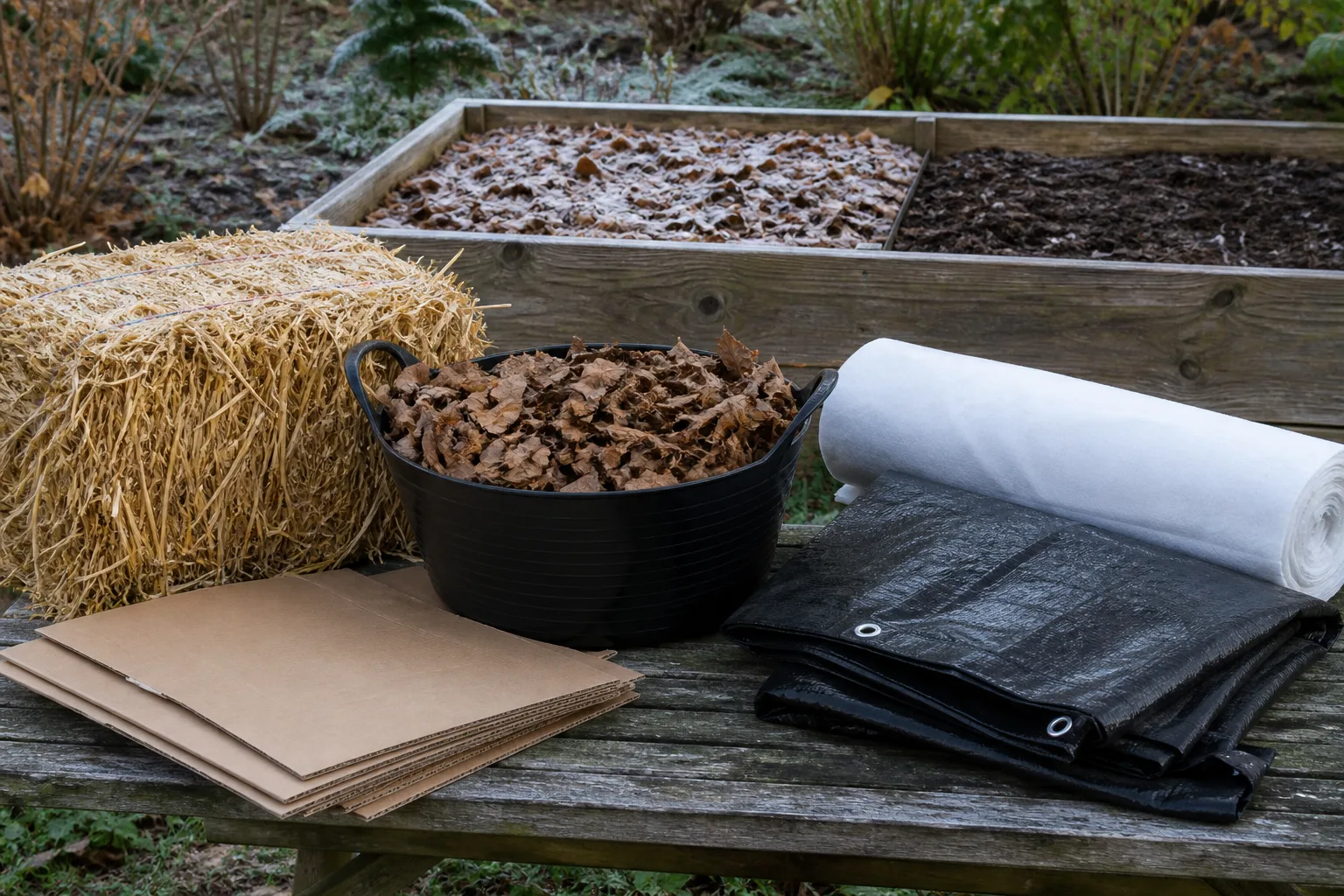 Winter garden-bed materials including leaf mulch, straw, and breathable fabric ready for seasonal protection
