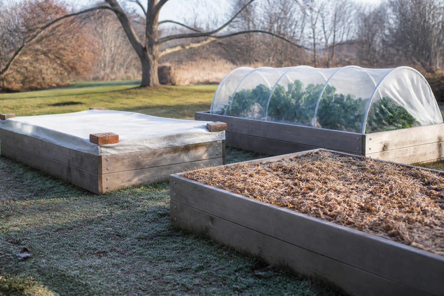 Raised garden beds prepared for winter with straw mulch, tarp, and row cover on a late-autumn afternoon