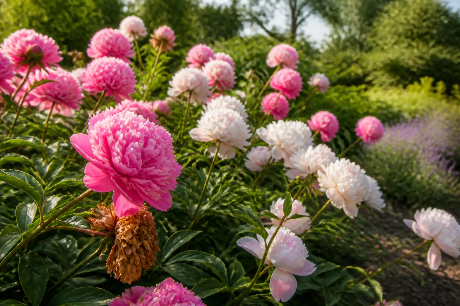 Pink and white peonies in a garden with a faded flower ready to be removed