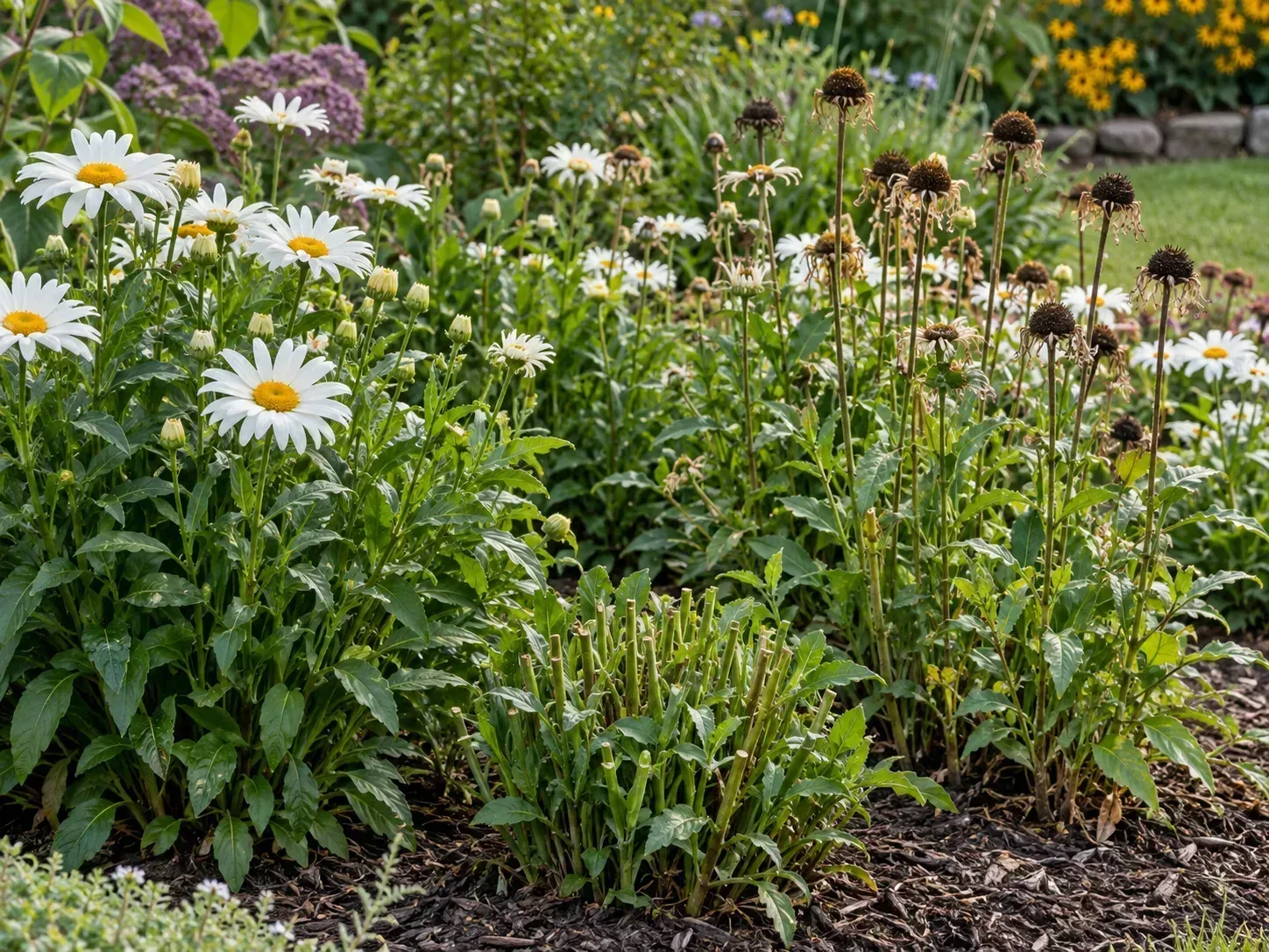 A mixed flower bed with fresh daisies beside standing coneflower seedheads left for winter interest and birds