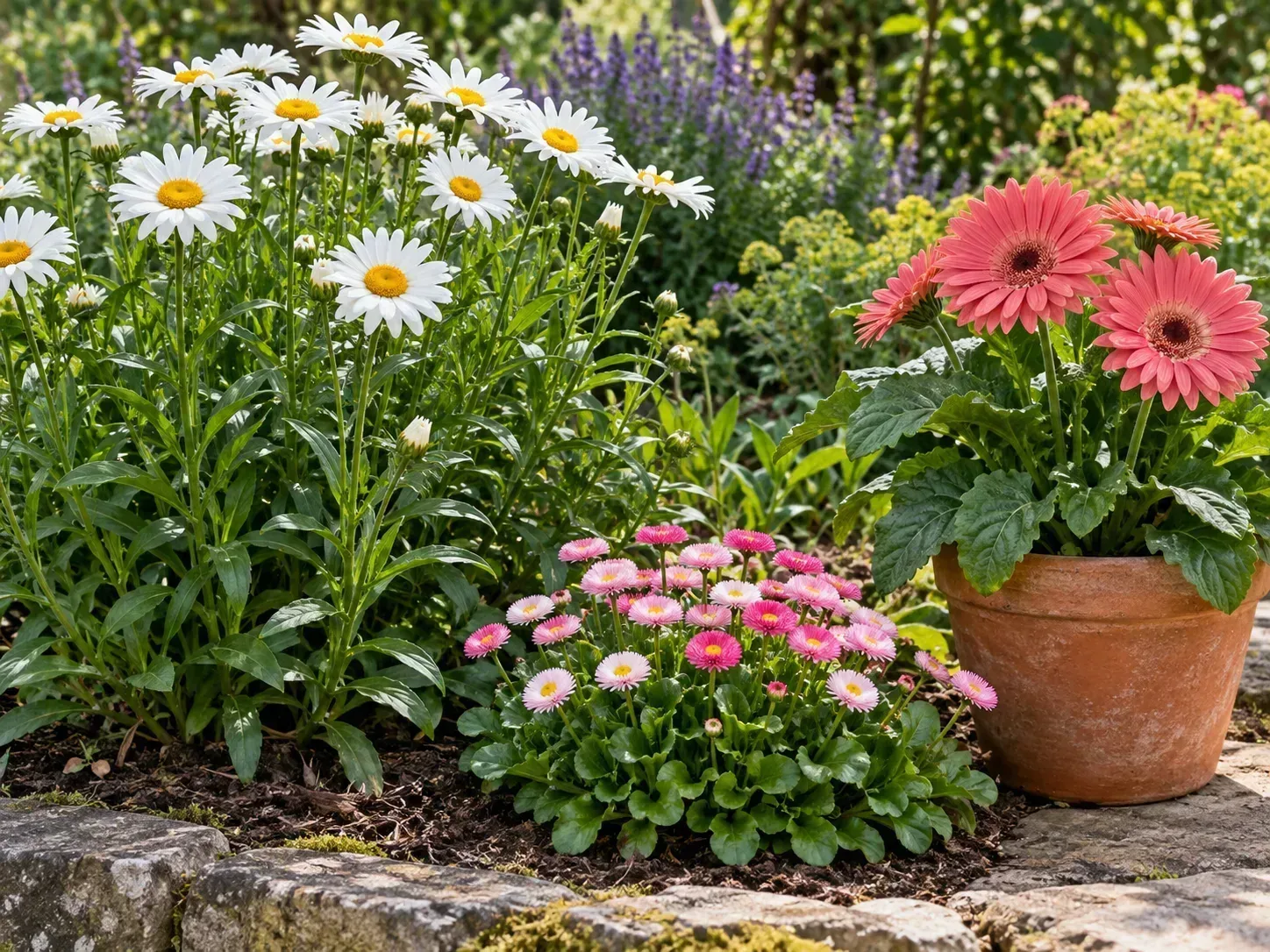 Shasta, compact English, and potted Gerbera daisies show different growth forms