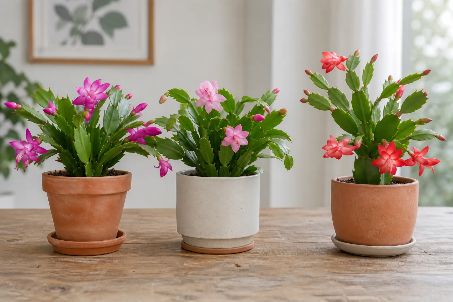 Thanksgiving, Christmas, and Easter cacti shown side by side with their different segment shapes and flowers