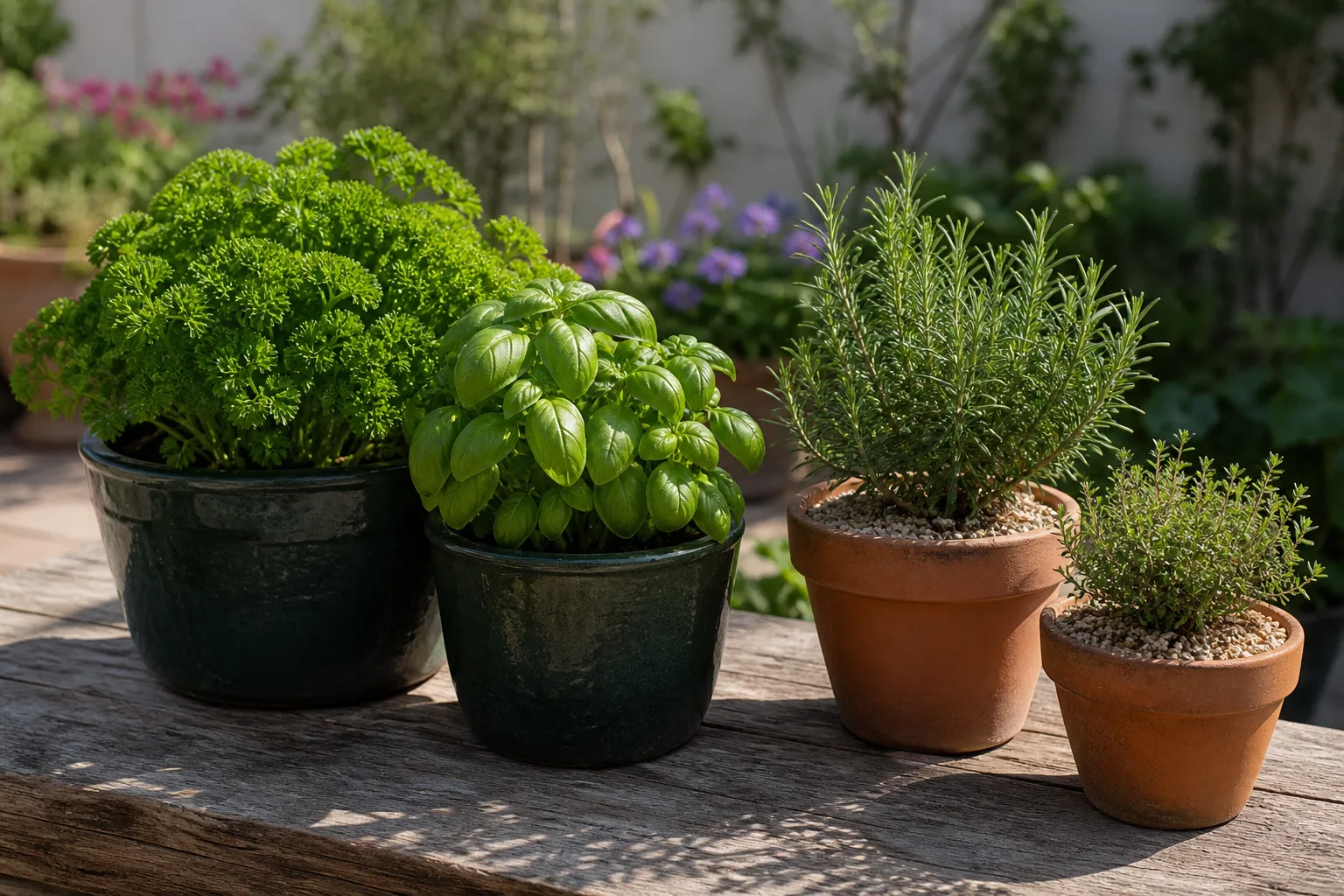 Terracotta pots of Mediterranean herbs, including thyme, growing on a sunny patio