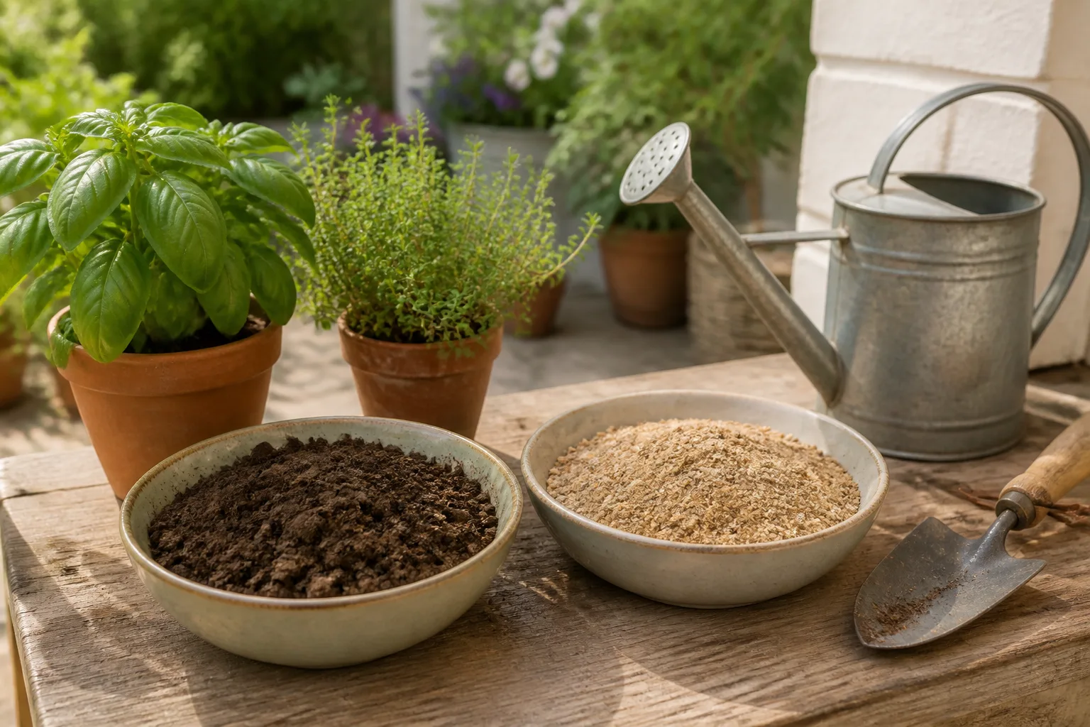 Potting mix ingredients and herb containers arranged on a patio table