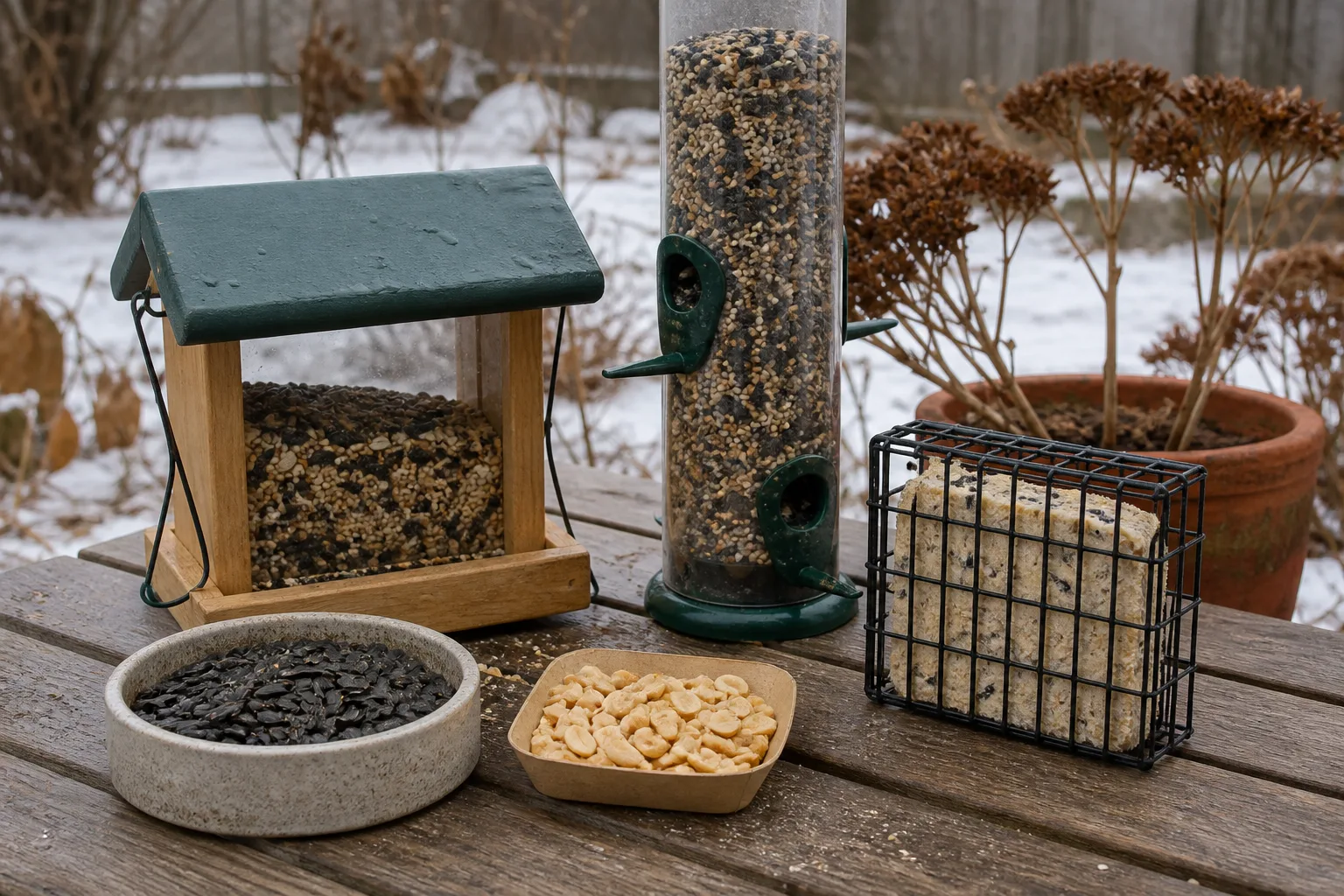 Seed, suet, and several feeder styles ready for a winter backyard.