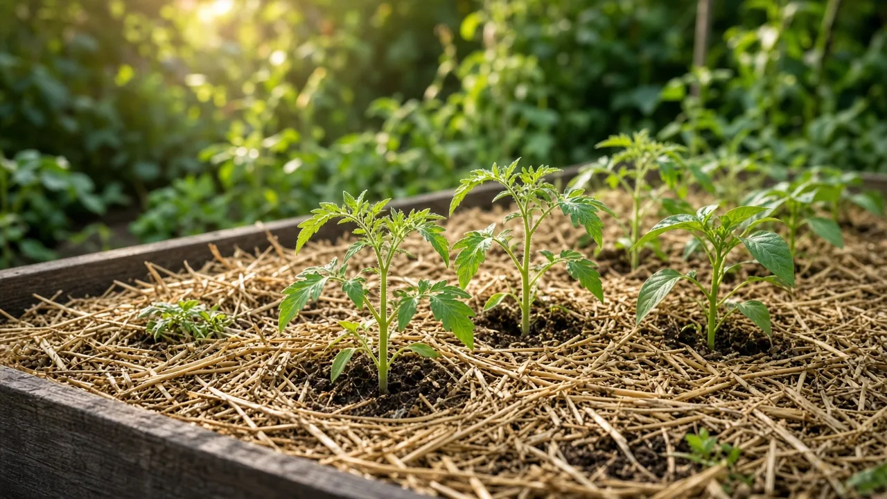 Young tomato plants growing in a raised bed with a loose straw mulch layer