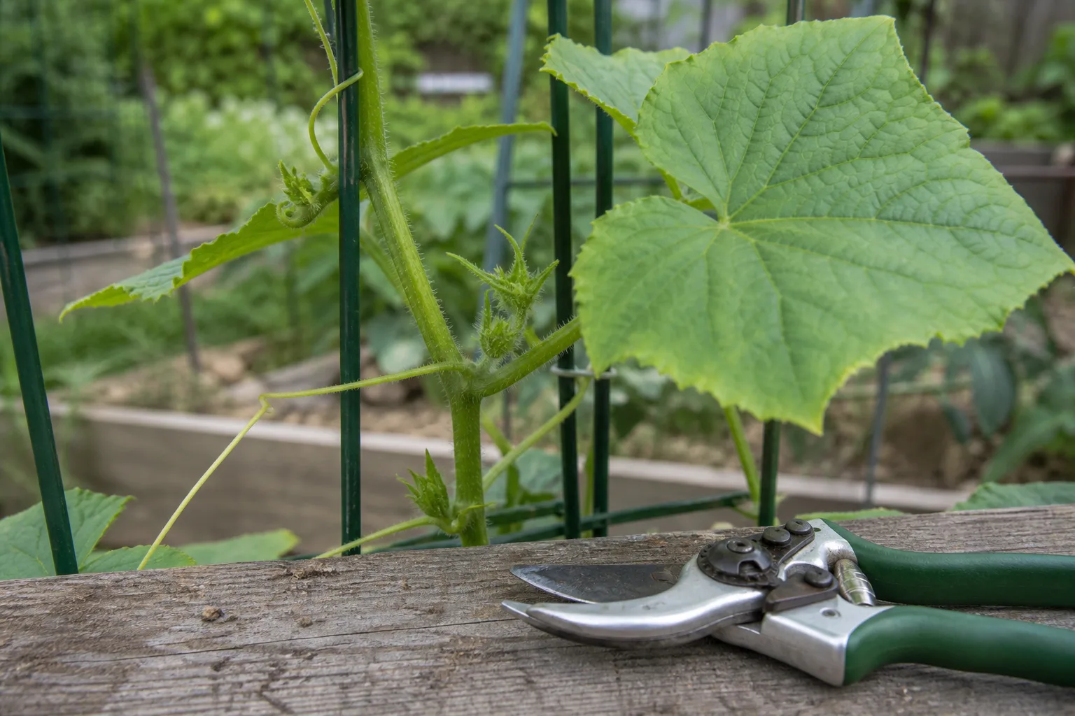 Cucumber vine with tendrils climbing a trellis in a sunny vegetable garden