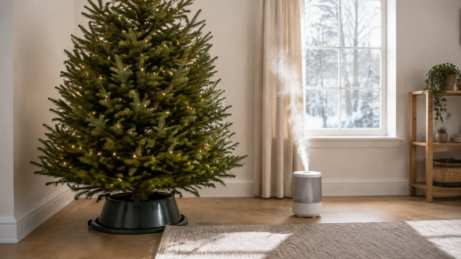 Live Christmas tree with a cool-mist humidifier set several feet away in a bright living room