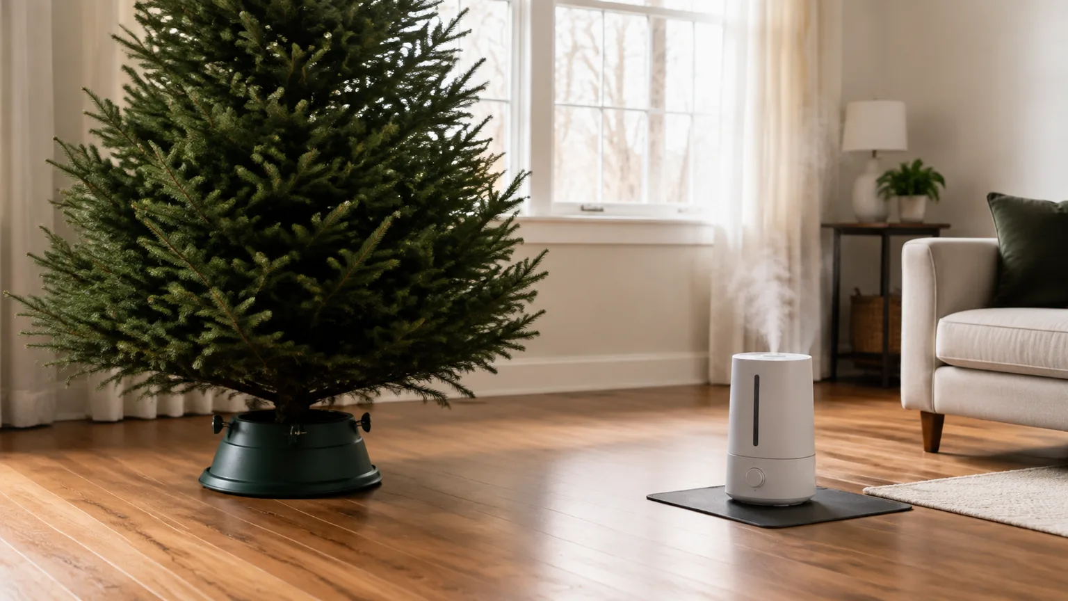 A real Christmas tree positioned in a room with a humidifier set away from the branches