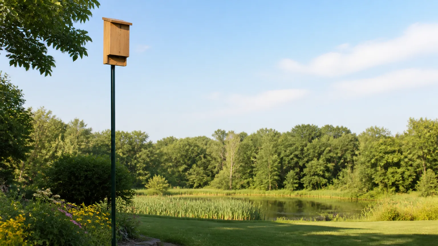 Unbranded wooden bat house mounted high on a metal pole beside a garden and open pond flight path
