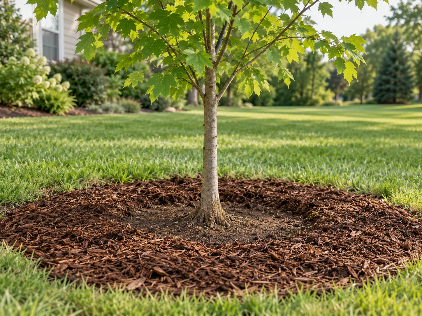 Young silver maple planted with its root flare visible and mulch kept away from the trunk