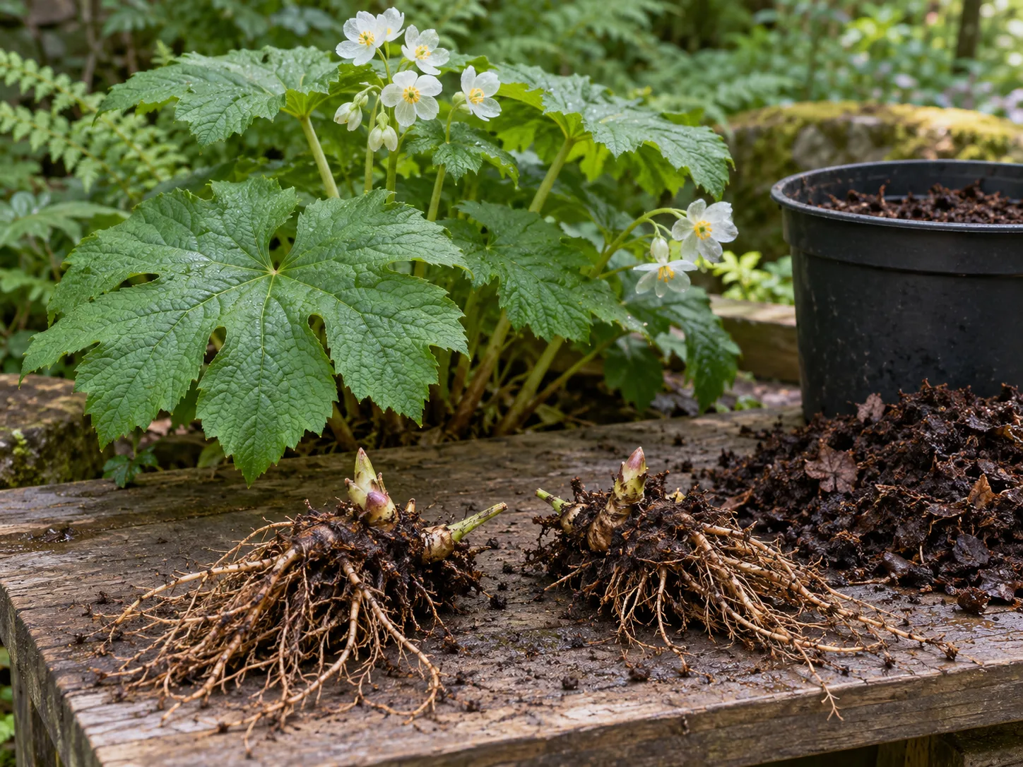 Skeleton flower rhizome divisions with roots and crown buds ready for replanting