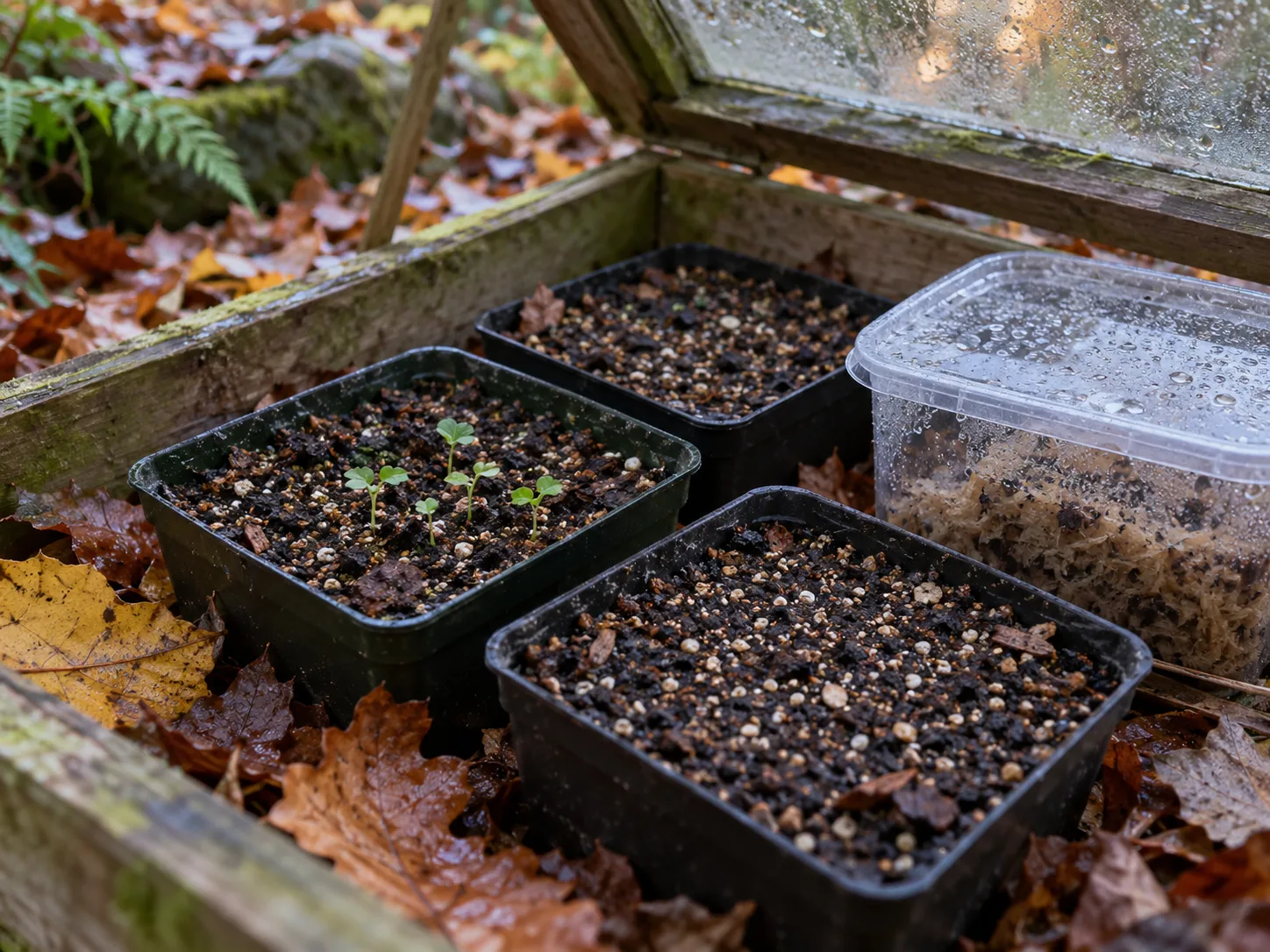 Seed trays in a cool, shaded cold frame for patient skeleton flower propagation