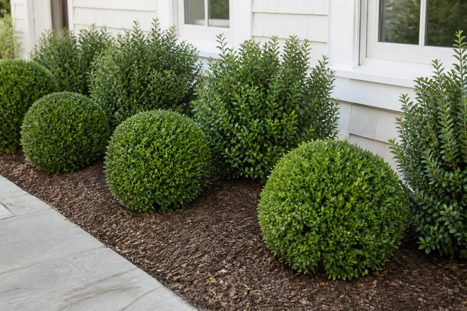 Structured evergreen foundation bed beside a walkway