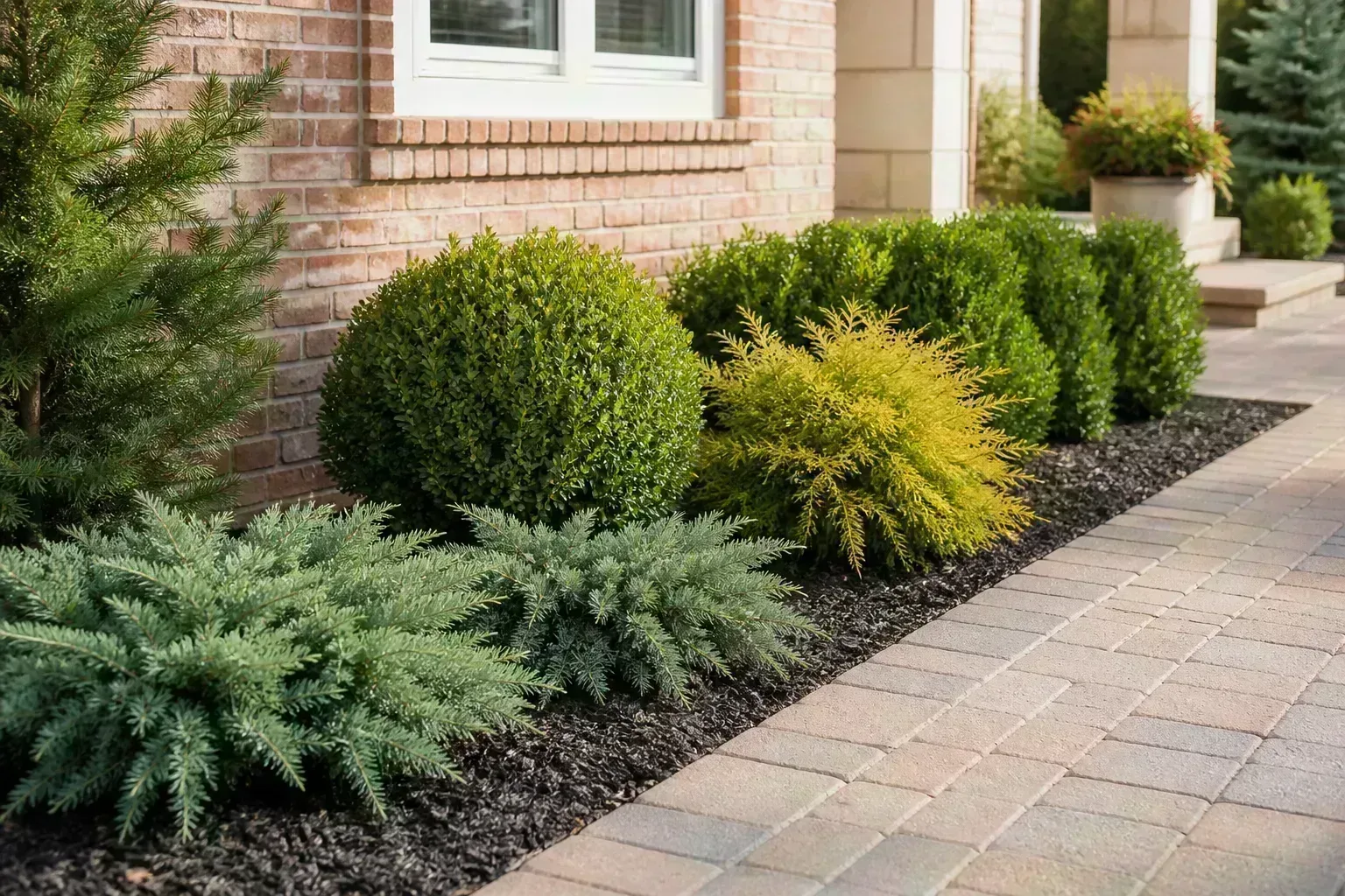 Mixed evergreen shrubs in a landscaped foundation bed