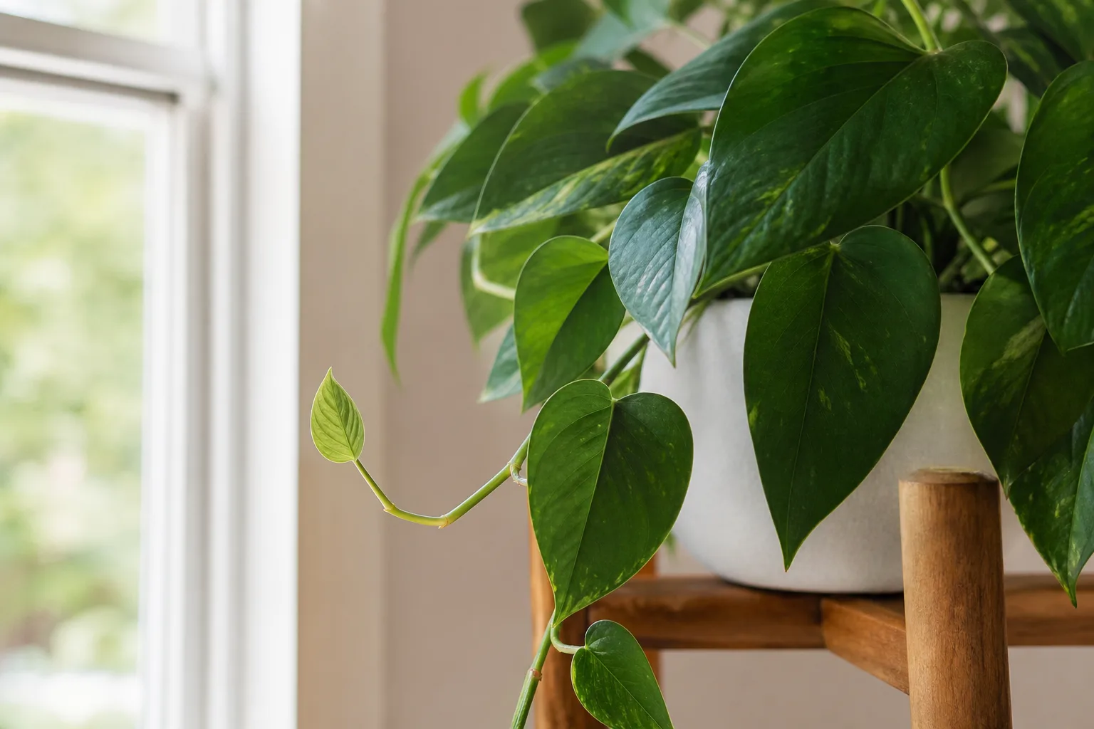 Small new leaf emerging beside mature larger leaves on an indoor houseplant