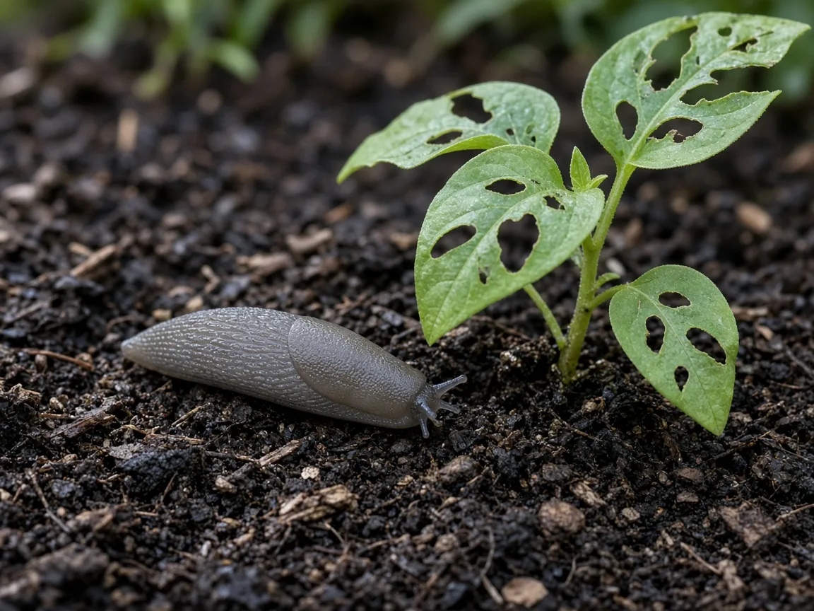 Gray garden slug on moist soil beside a seedling with smooth-edged chewed holes in the leaves