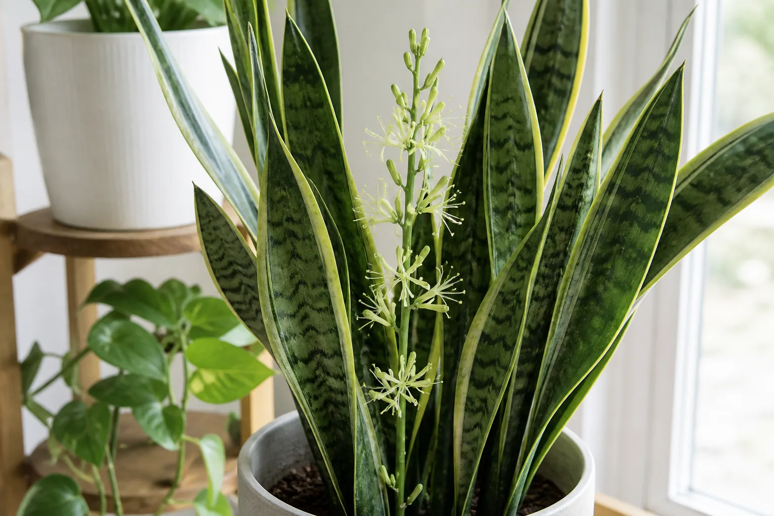 Snake plant with a fragrant white flower stalk in a bright indoor window
