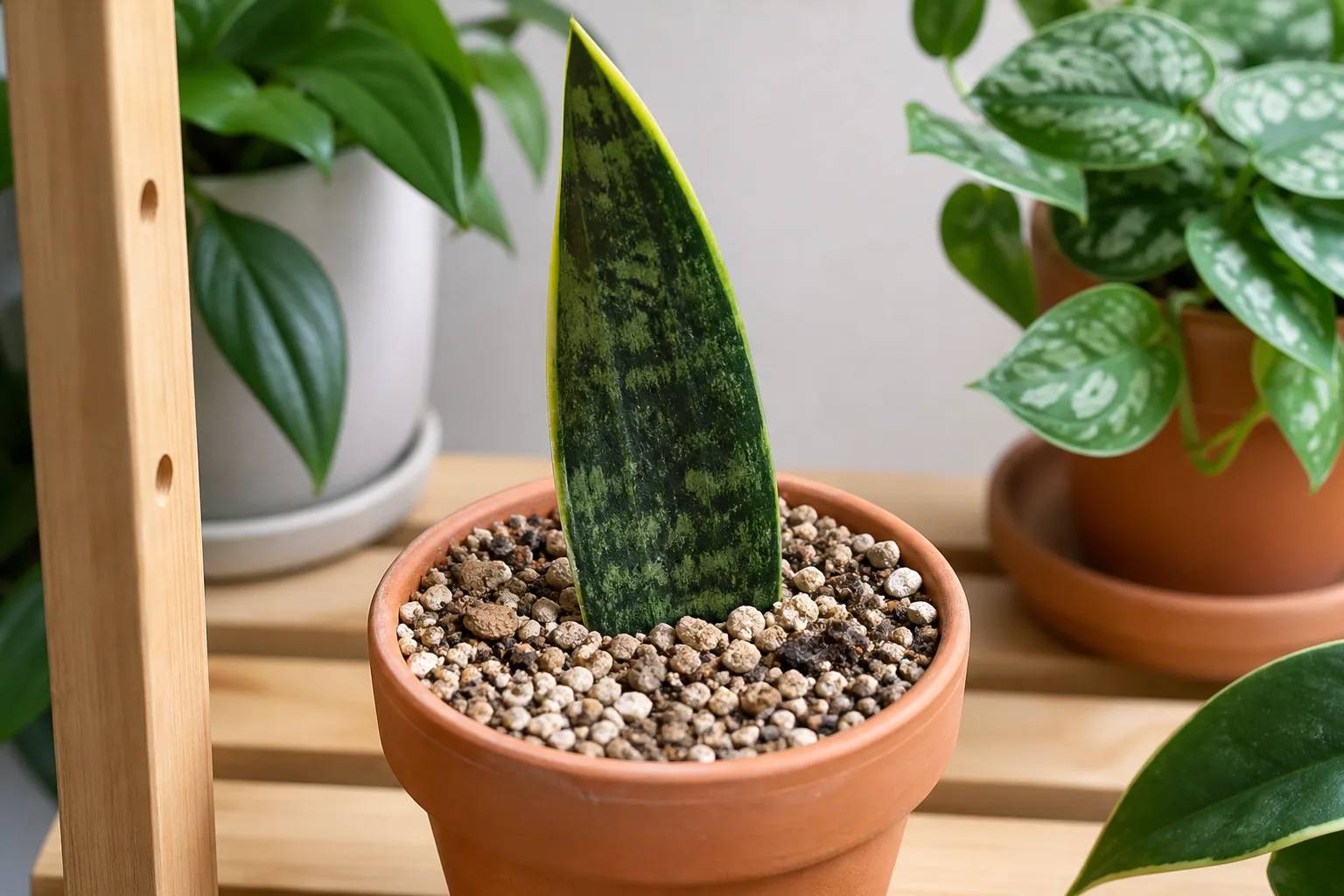 Snake plant leaf cutting planted in gritty soil