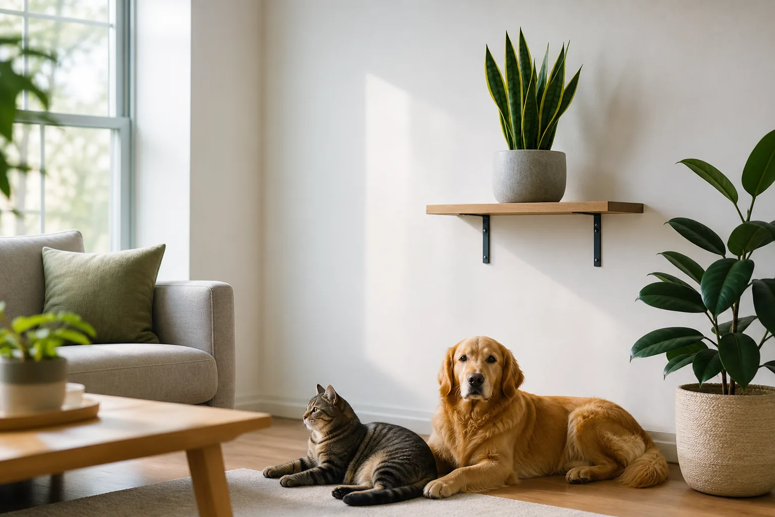 Snake plant on a high shelf safely out of reach of a cat and dog resting nearby in a bright living room