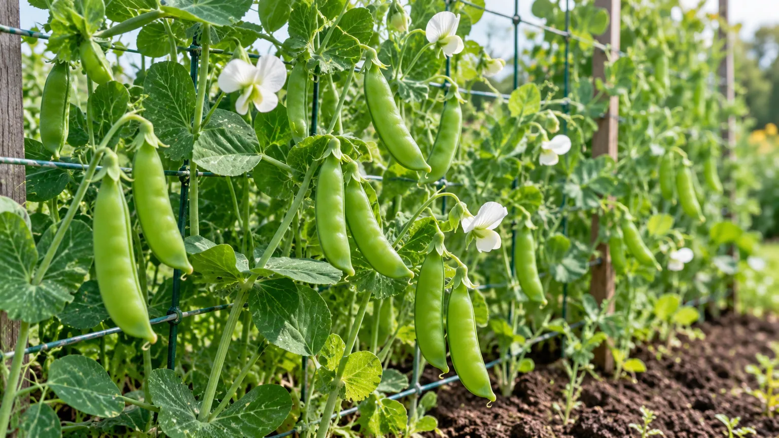 Plump snap pea pods swelling on climbing vines at harvest stage.