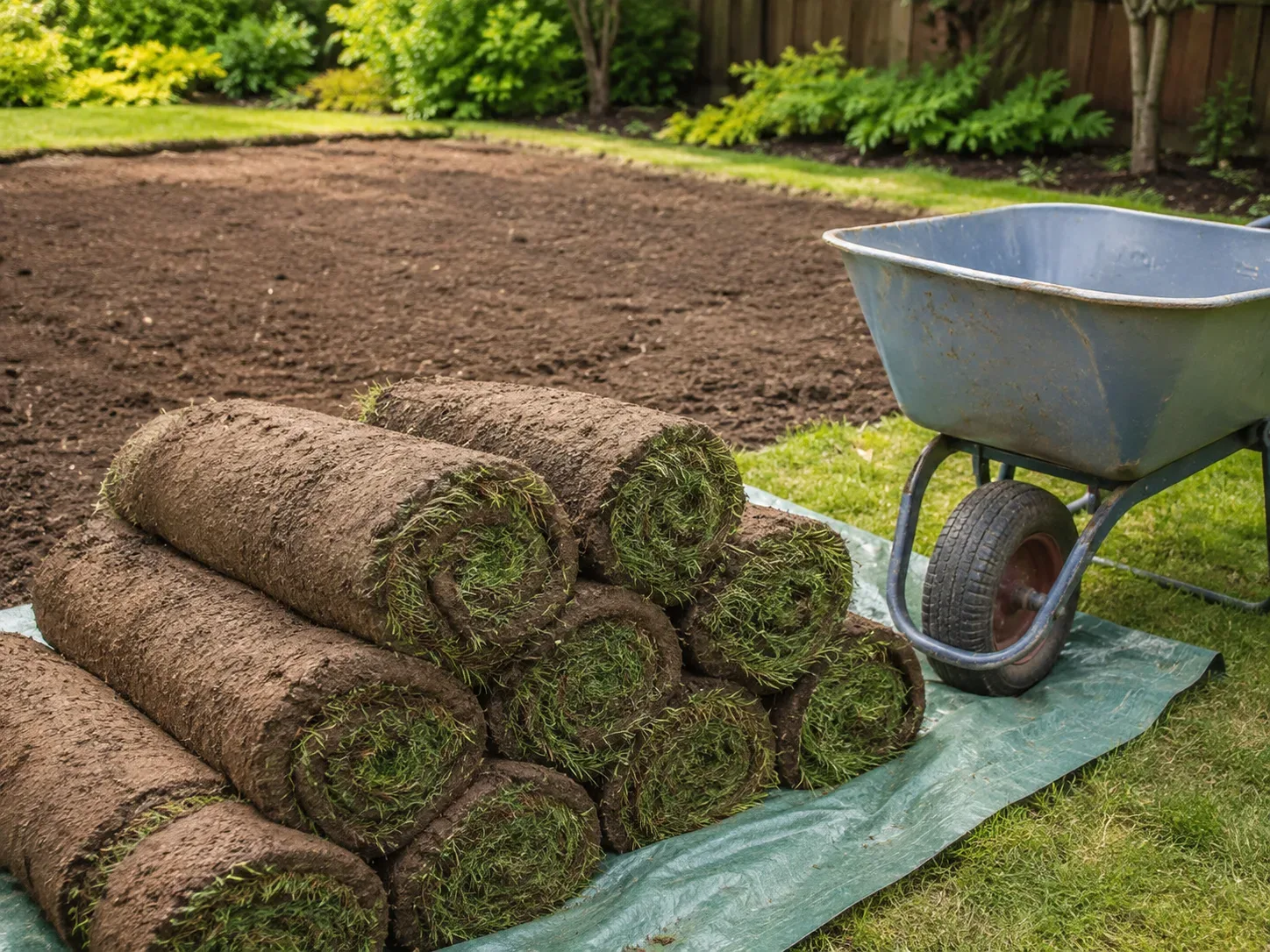 Fresh sod rolls ready to be installed on prepared soil
