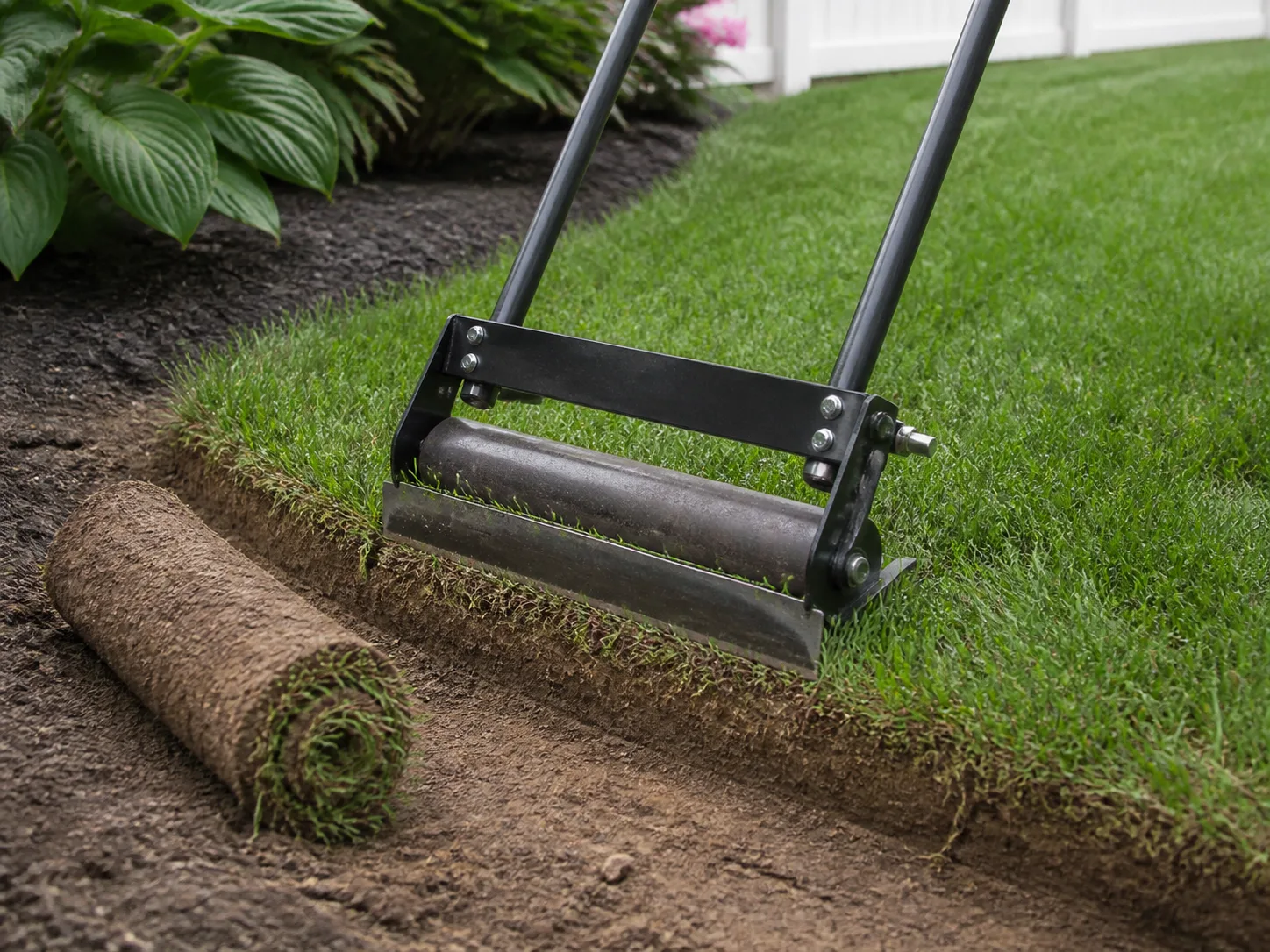 A sod cutter lifting a neat strip of turf from an open lawn