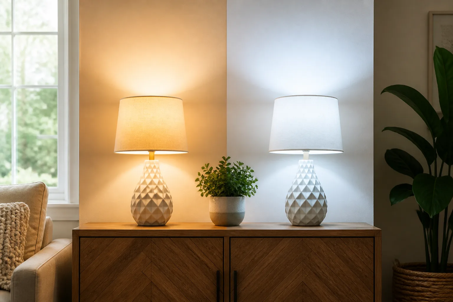 Warm and cool LED lamps compared in a bright living room with a houseplant