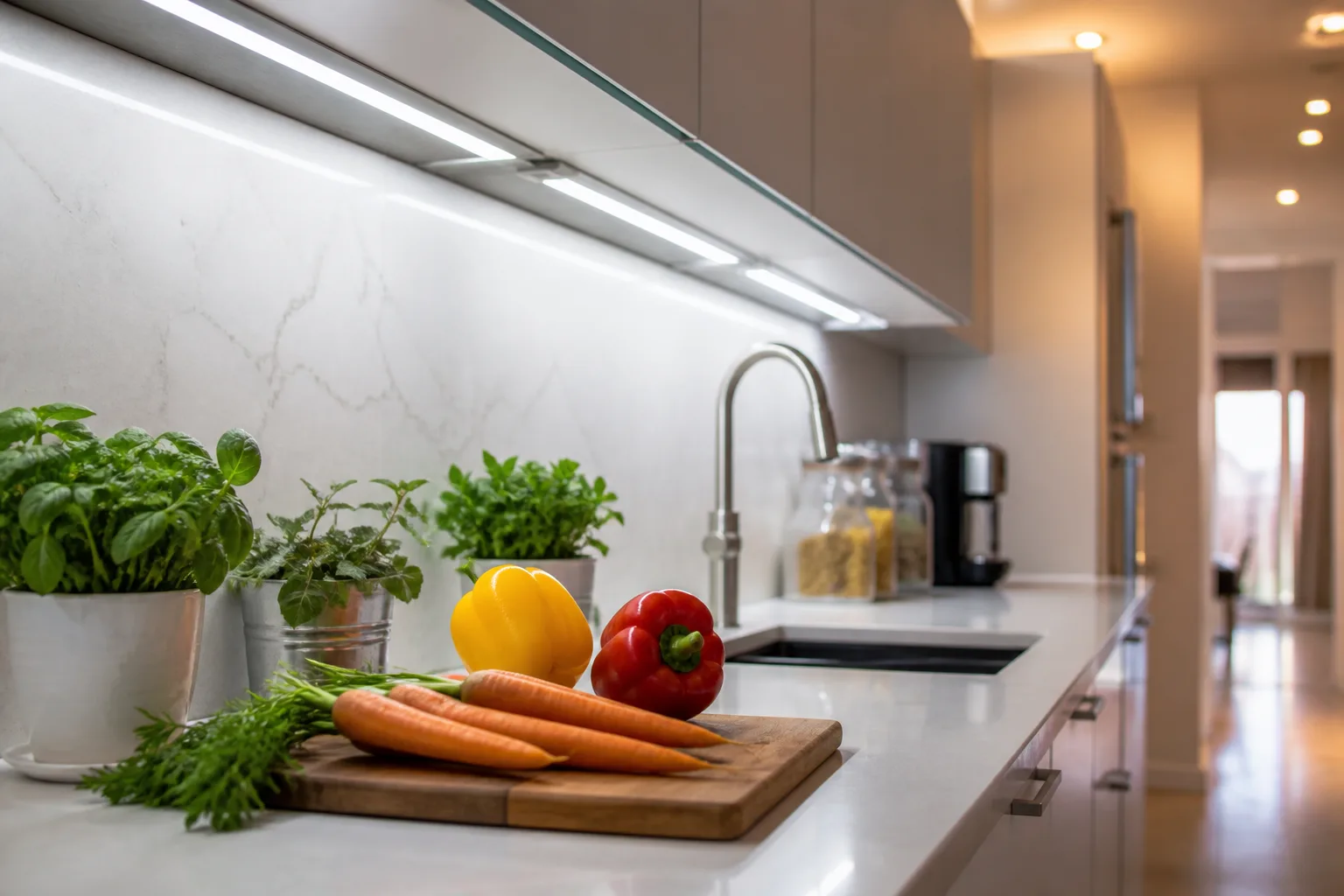 Modern kitchen counter with crisp cool-white under-cabinet task lighting over a prep area