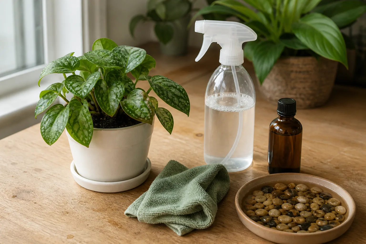 Houseplant pest inspection supplies beside a potted plant