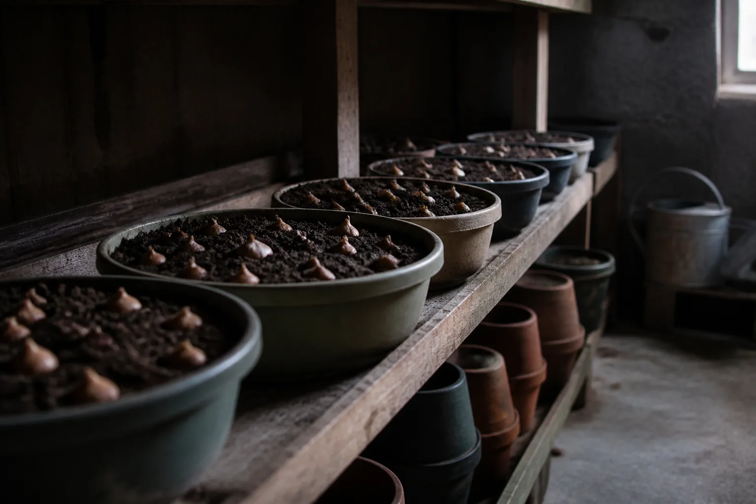 Potted spring bulbs lined up in a cool dark garage shelf for the chilling period
