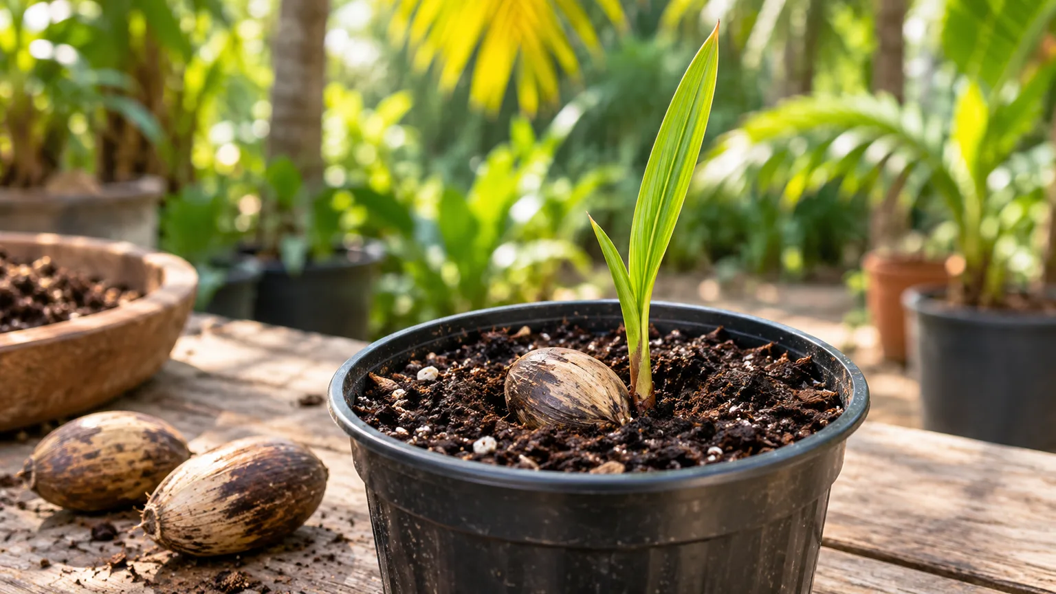 A young palm shoot emerging beside its seed in a warm, airy potting mix