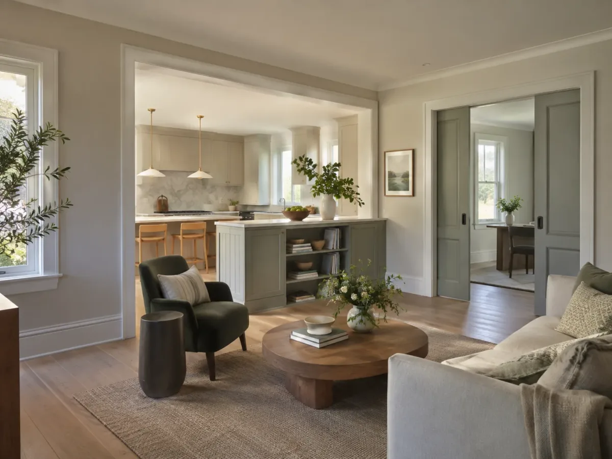 A wide opening and partial wall separate a connected kitchen from a quieter adjoining room.