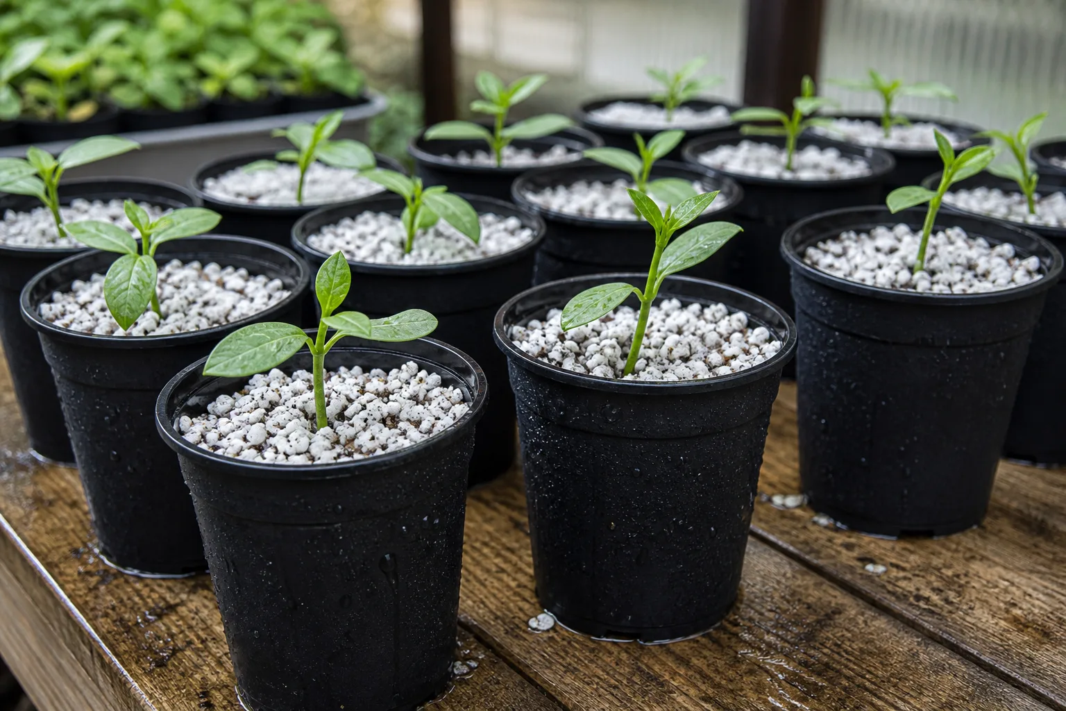 Herb stem cuttings set in small pots of airy growing medium for propagation