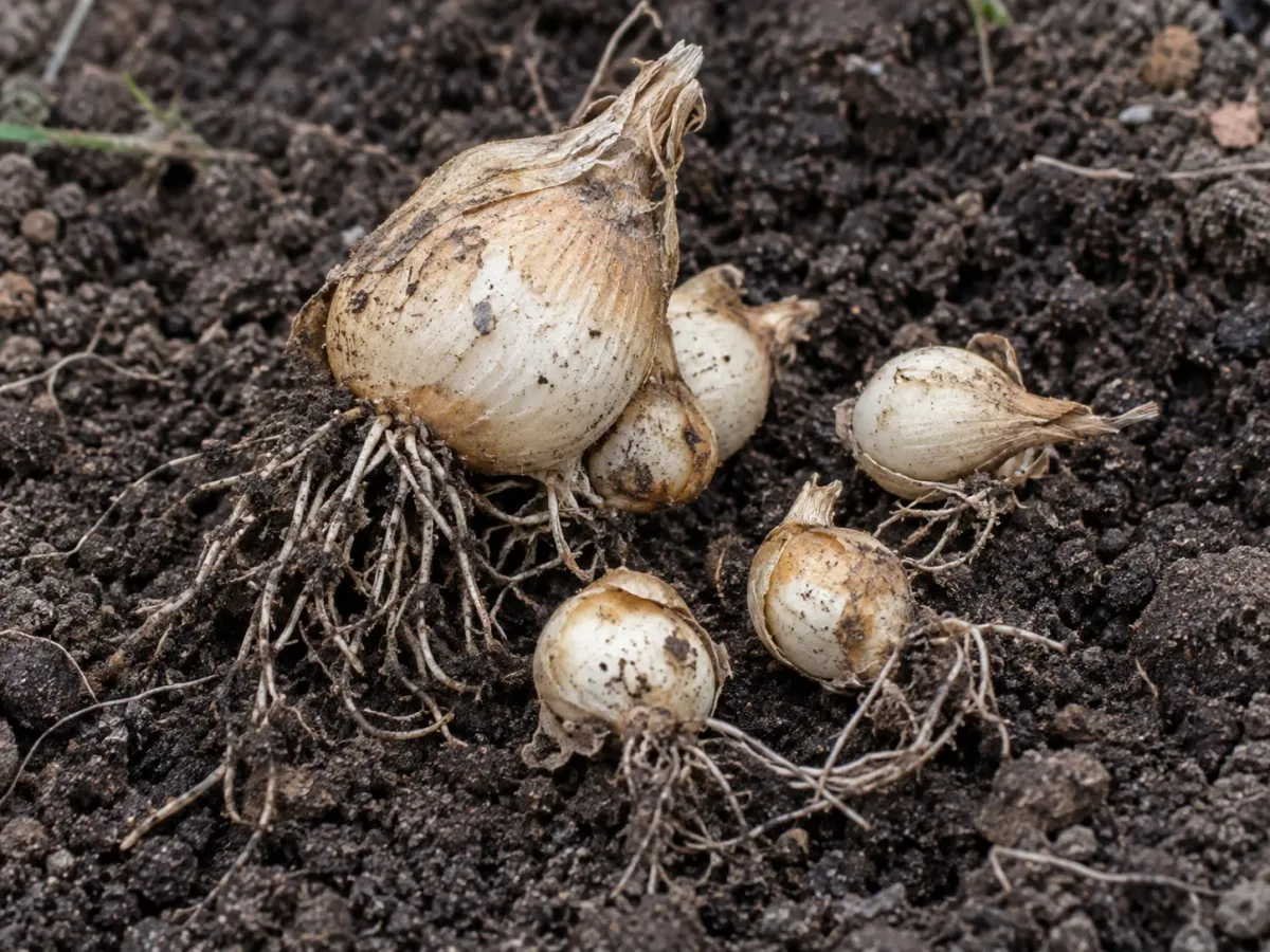 A Star of Bethlehem parent bulb beside smaller offsets on garden soil