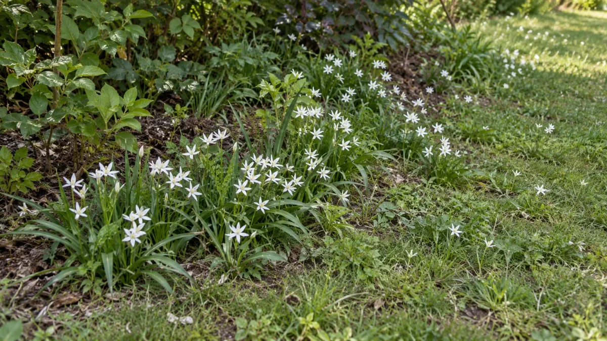 A spreading patch of Star of Bethlehem along a late-spring garden edge