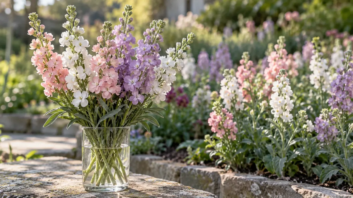 Freshly harvested pink, white, and lavender stock stems in a clean glass vase beside the cool-season garden bed.