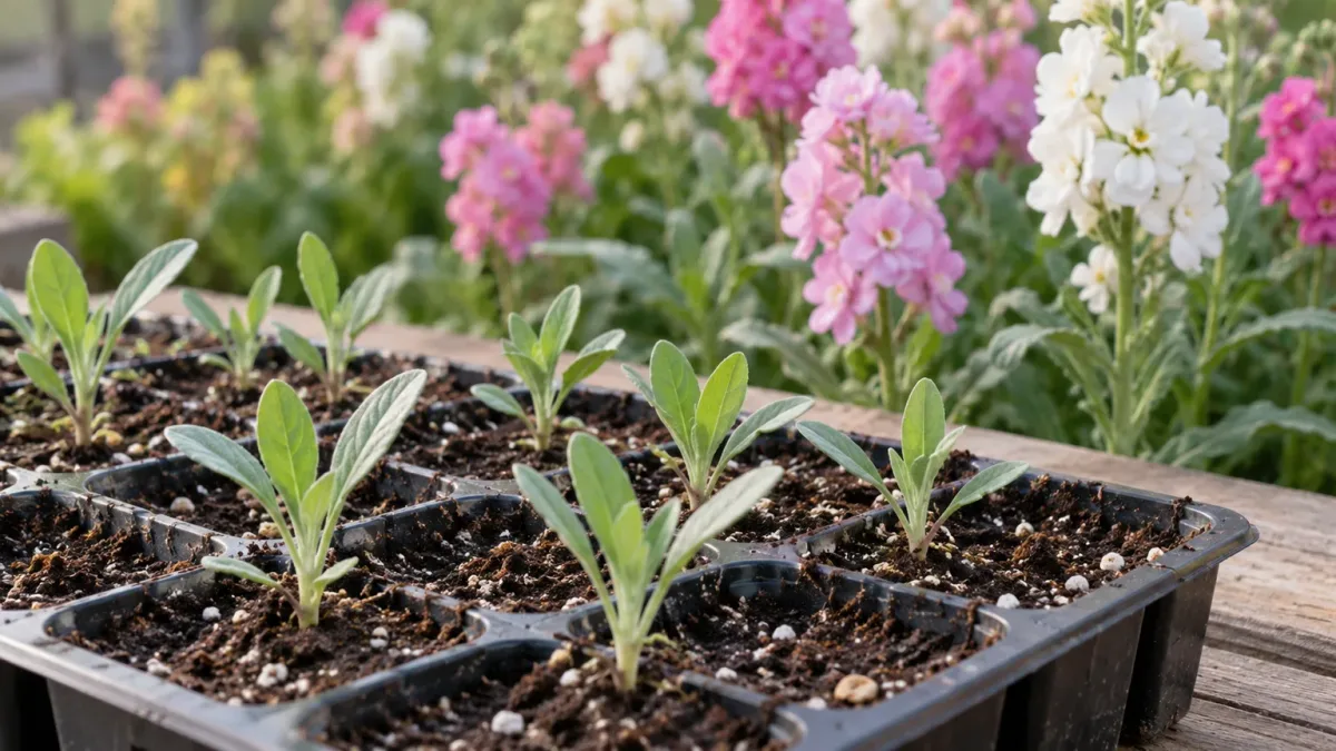 Stock seedlings growing in individual cells, with flowering plants softly visible behind them.
