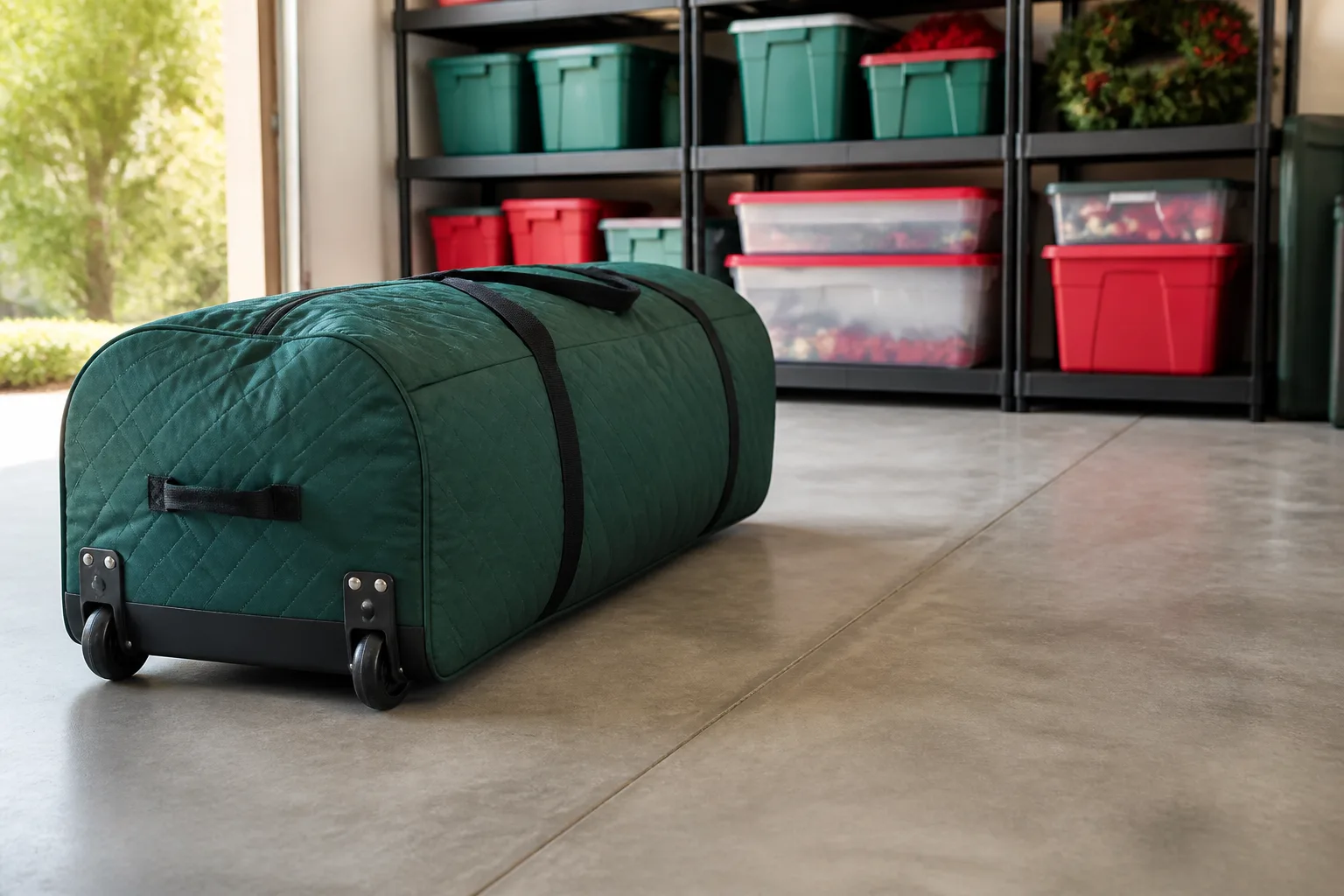 Green quilted rolling Christmas tree storage bag with wheels on a garage floor near storage shelves