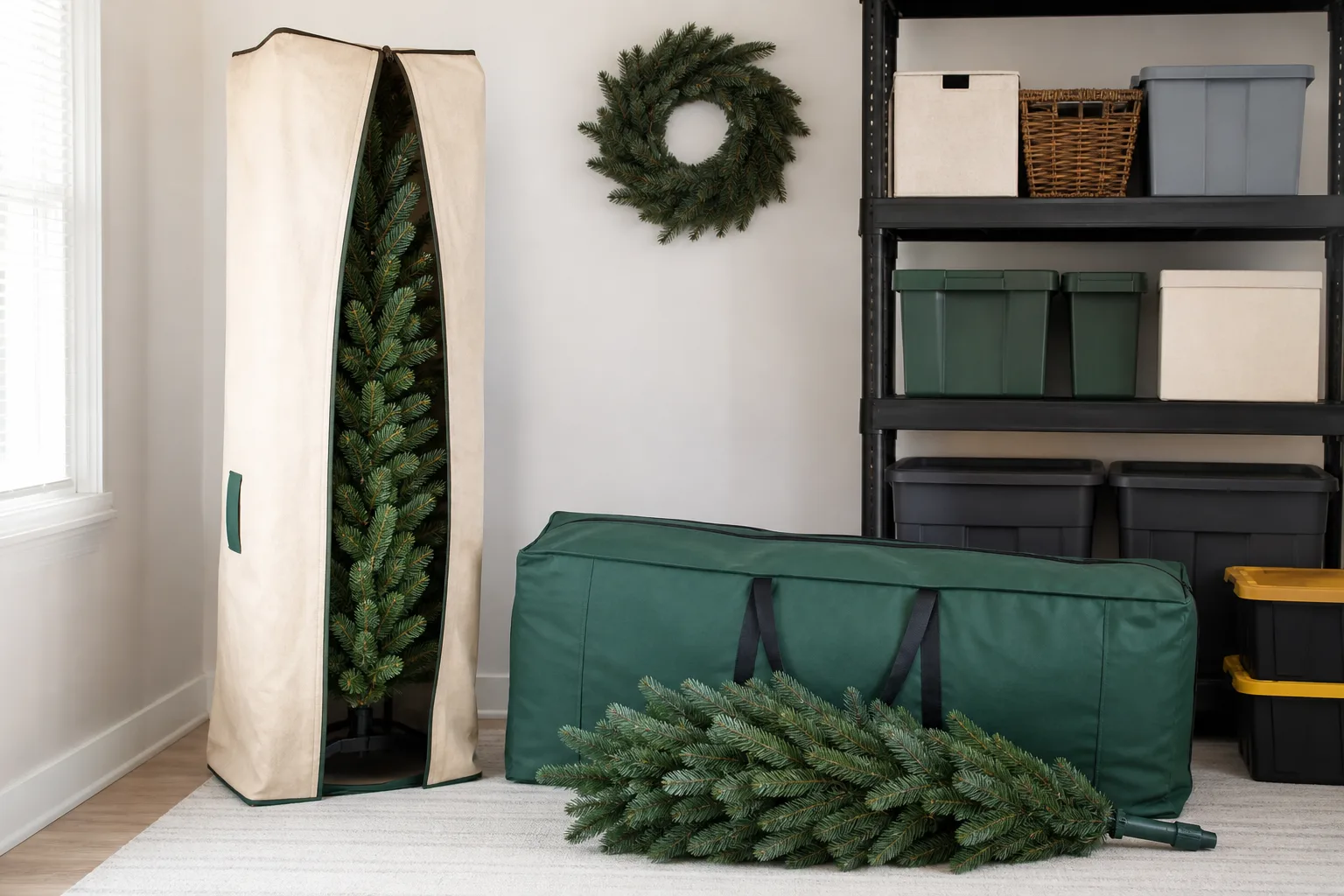 Artificial Christmas tree sections and storage bags arranged in a dry storage room